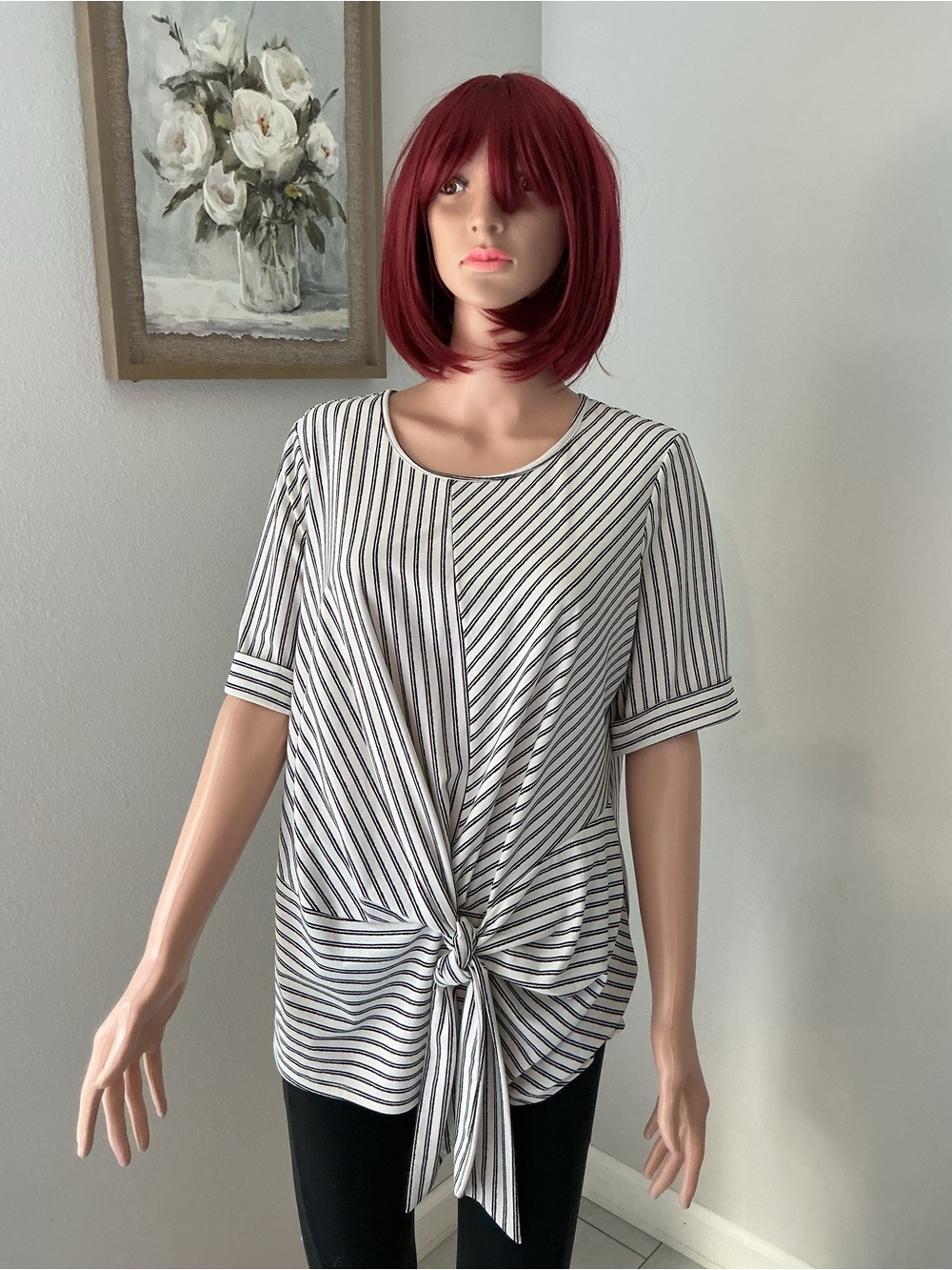PerSeption Concept Black and White Striped Tie-Front Short Sleeve Top
